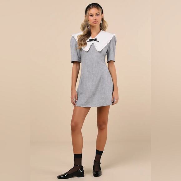 Sister Jane NWT Heron Gray Mini Dress Oversized Collar w/ Beaded Bow M - Picture 2 of 11
